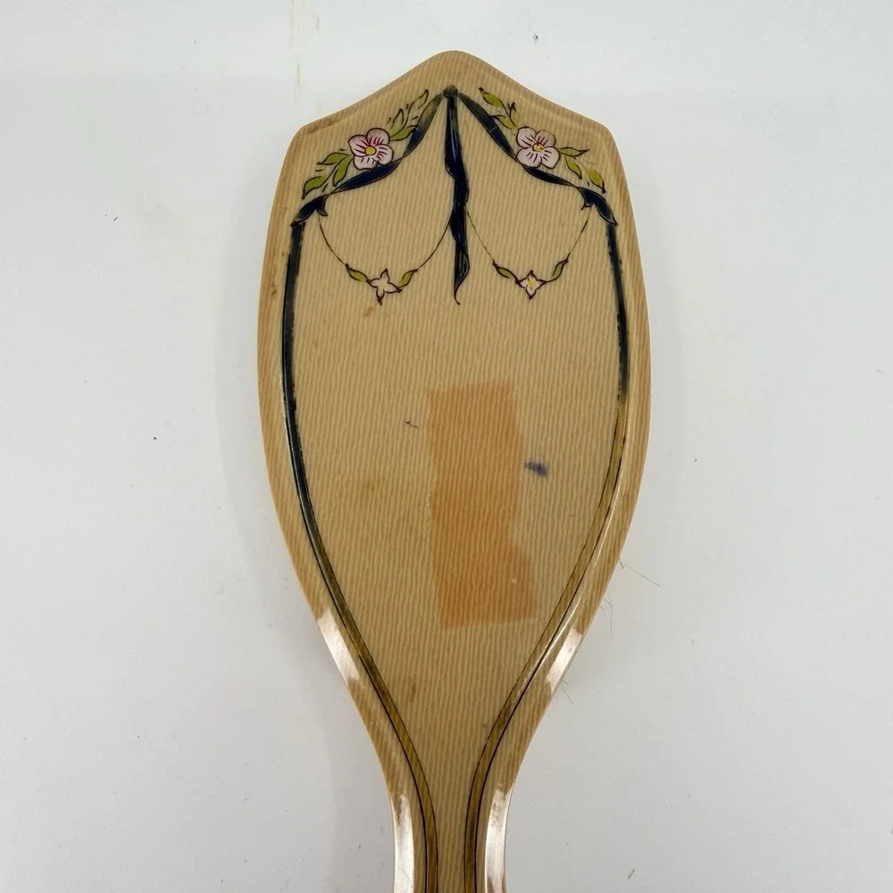 Vtg‎ Beveled Faux Woodgrain Vanity Hair Brush Crest Shape Floral Design 8.25